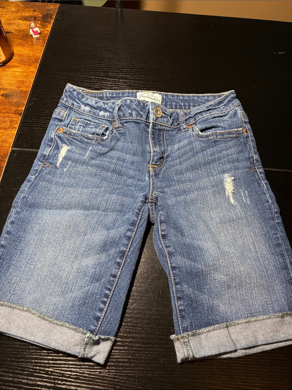 Aeropostale Distressed Blue Denim Rolled-Cuff Shorts